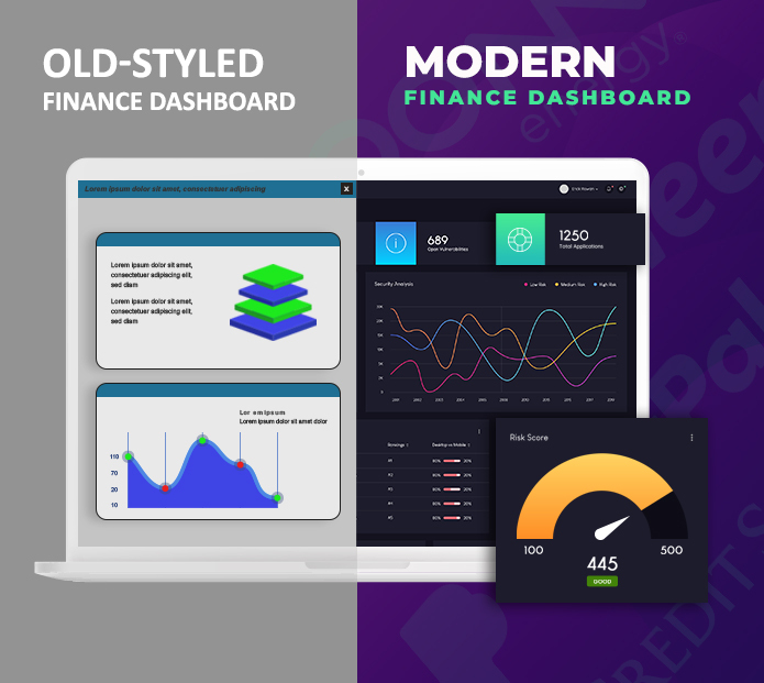 Comparison between old style finance charts and modern swanky one by The Dreamer Designs